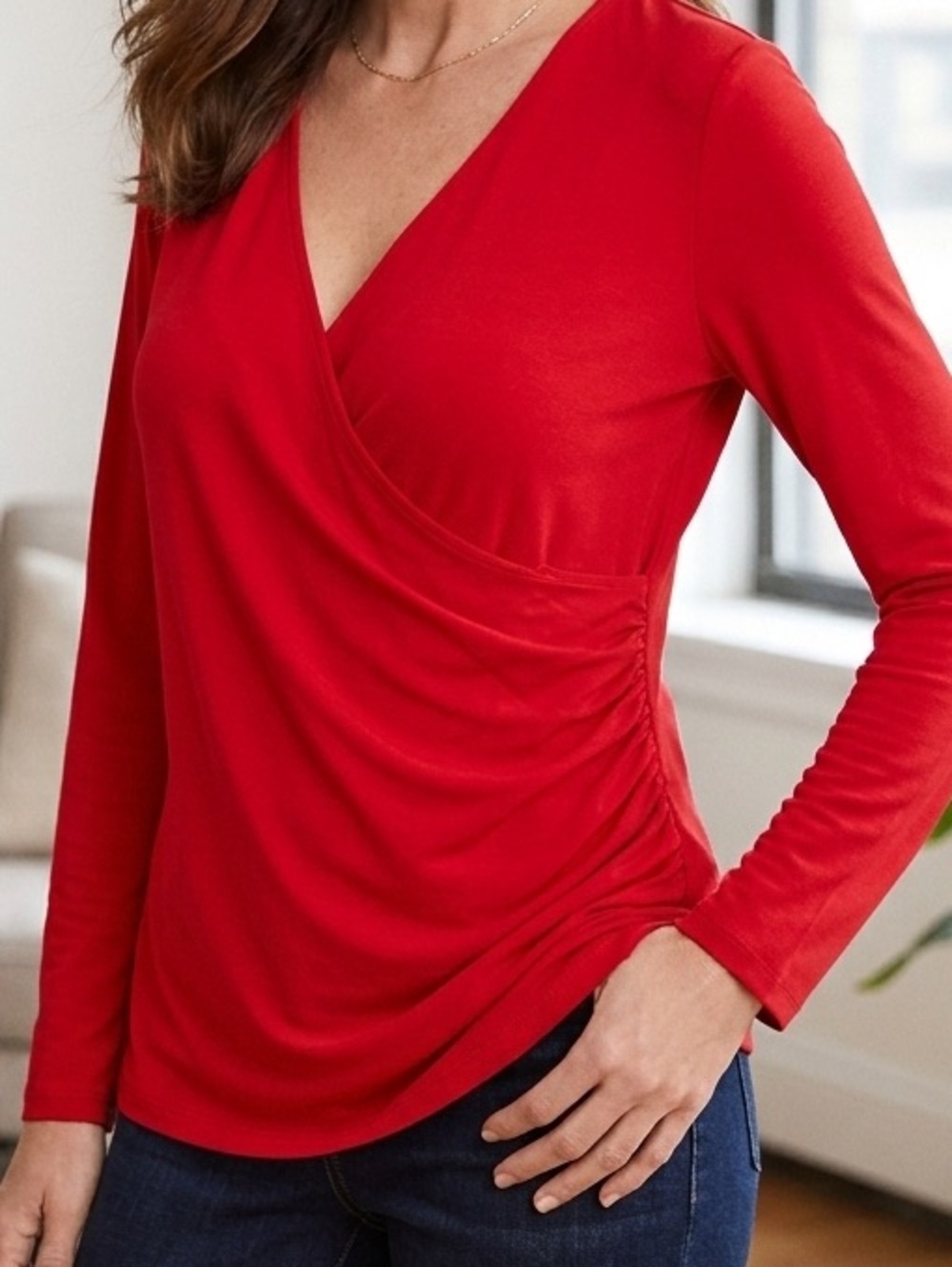 Talbots Red Faux Wrap Long Sleeve Top Size MP